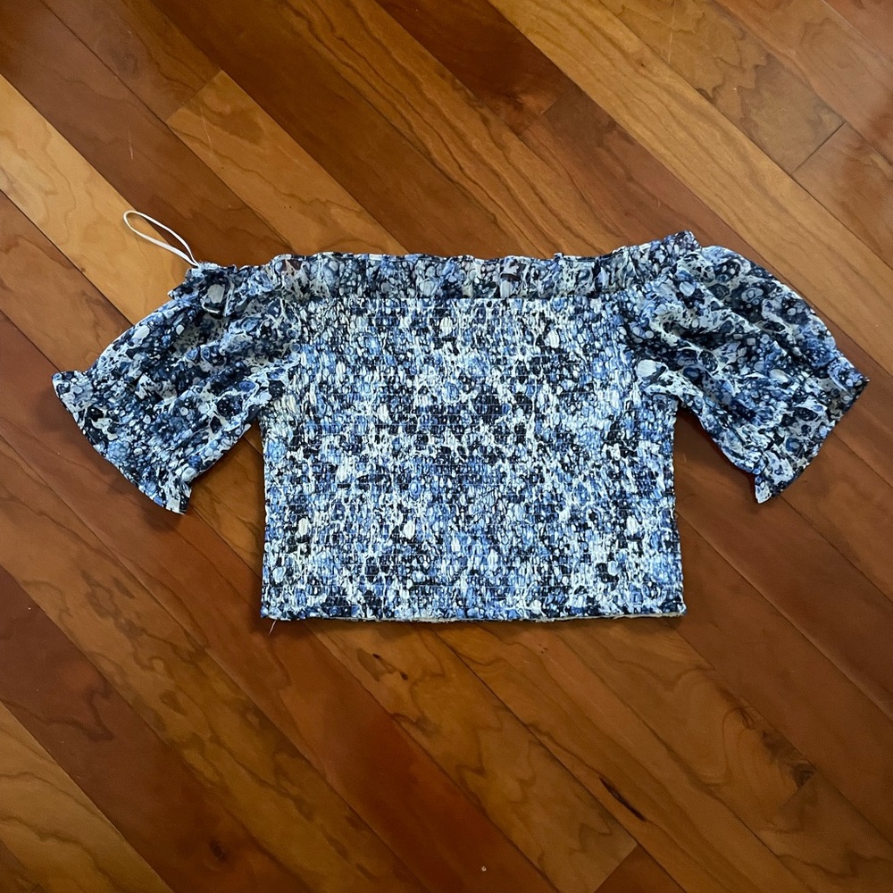 Express Blue Floral Smocked Off-Shoulder Crop Top